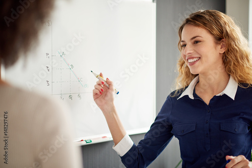 Young woman discussing in front of whiteboard