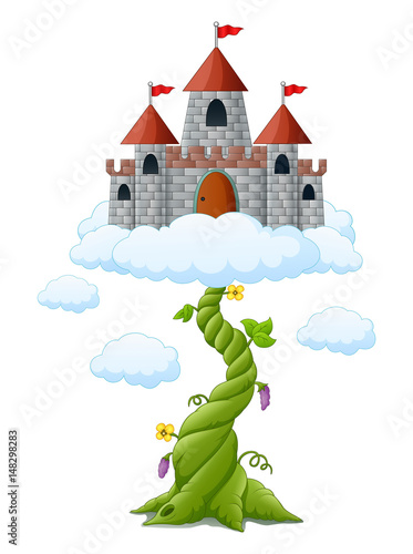 Cartoon bean sprout with castle in the clouds