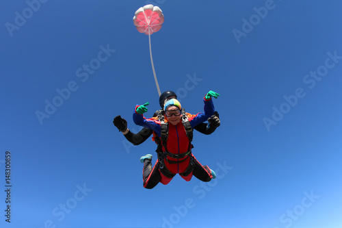 Skydiving tandem passenger in the sky