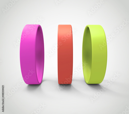 Three Colorful Silicone Promo Wristbands: Pink, Red and Green. 3D Render