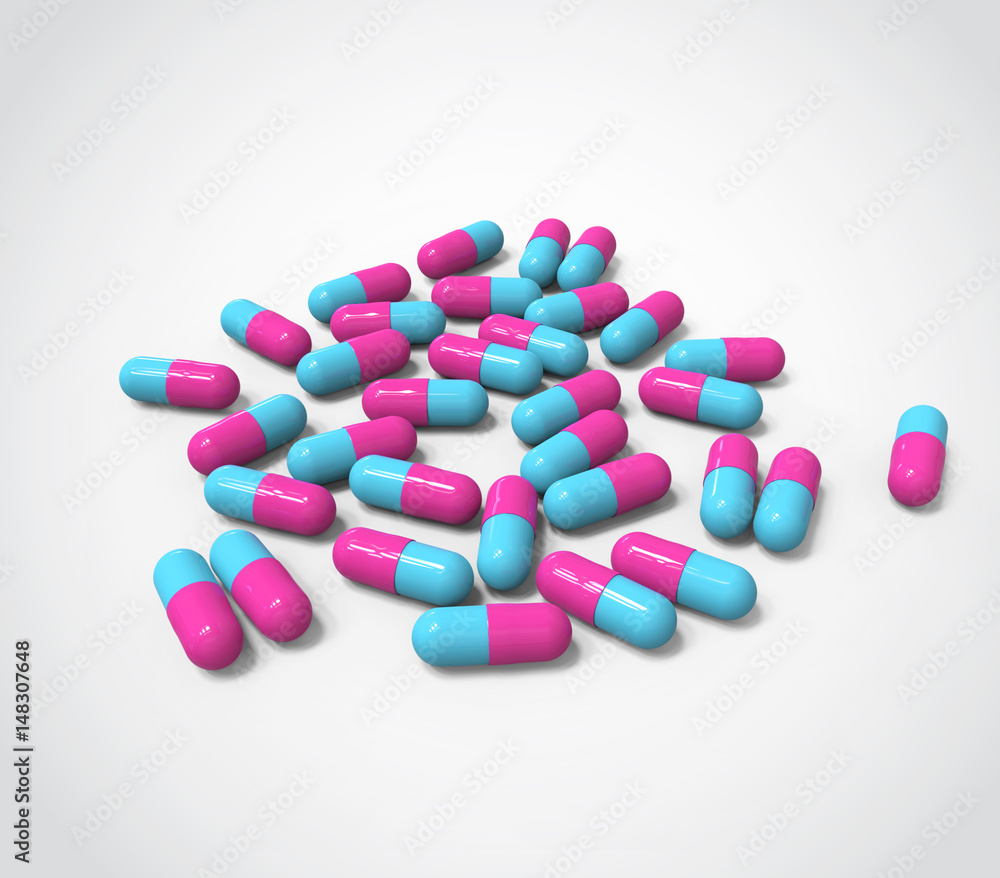 Pills capsules. Pharmacy Concept Background. High-quality 3D Render.