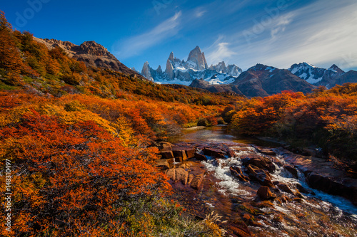 Mountain River and Mount Fitz Roy. Patagonia, Argentina.