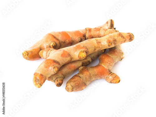 Fresh turmeric roots on white background, herb and healthy care concept