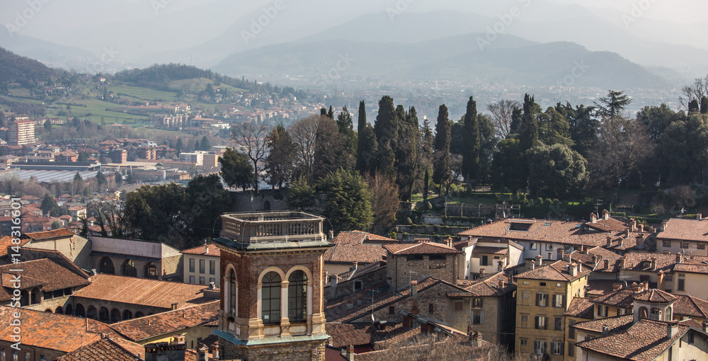 Top view of the city and the roofs of Bergamo