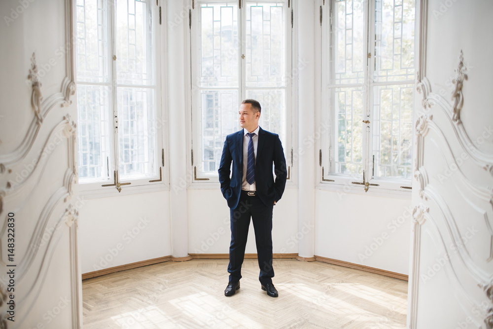 The handsome groom stands in the room The handsome groom stands in the room