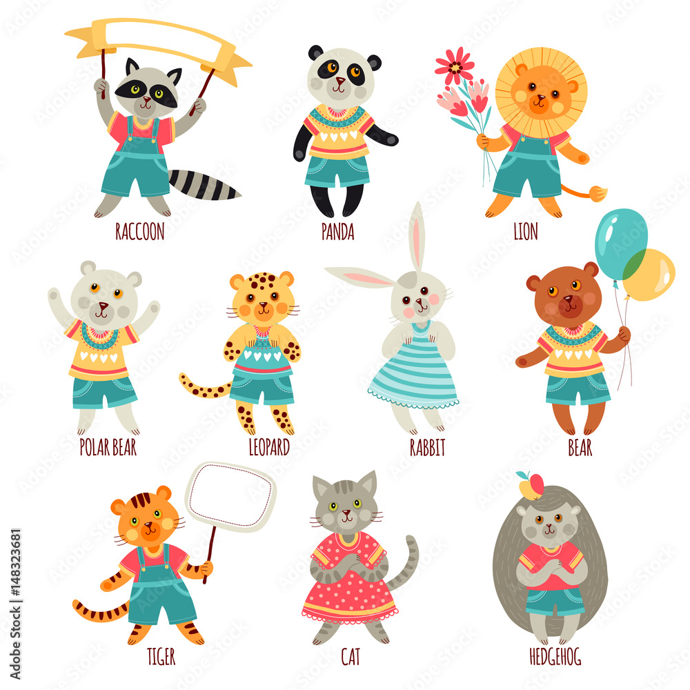 Set of illustrations with animals. Cartoon style Set of illustrations with animals. Cartoon style