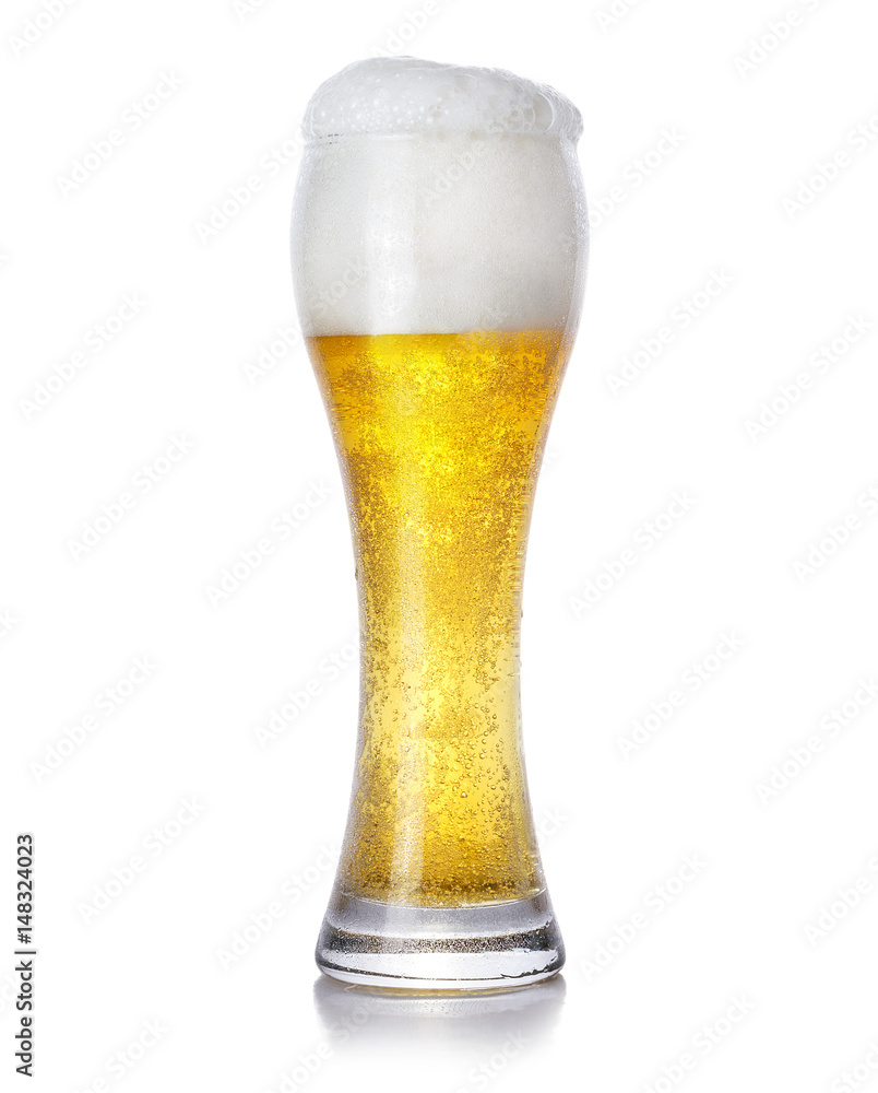 Glass of foamy light beer with bubbles on white background Glass of foamy light beer with bubbles on white background
