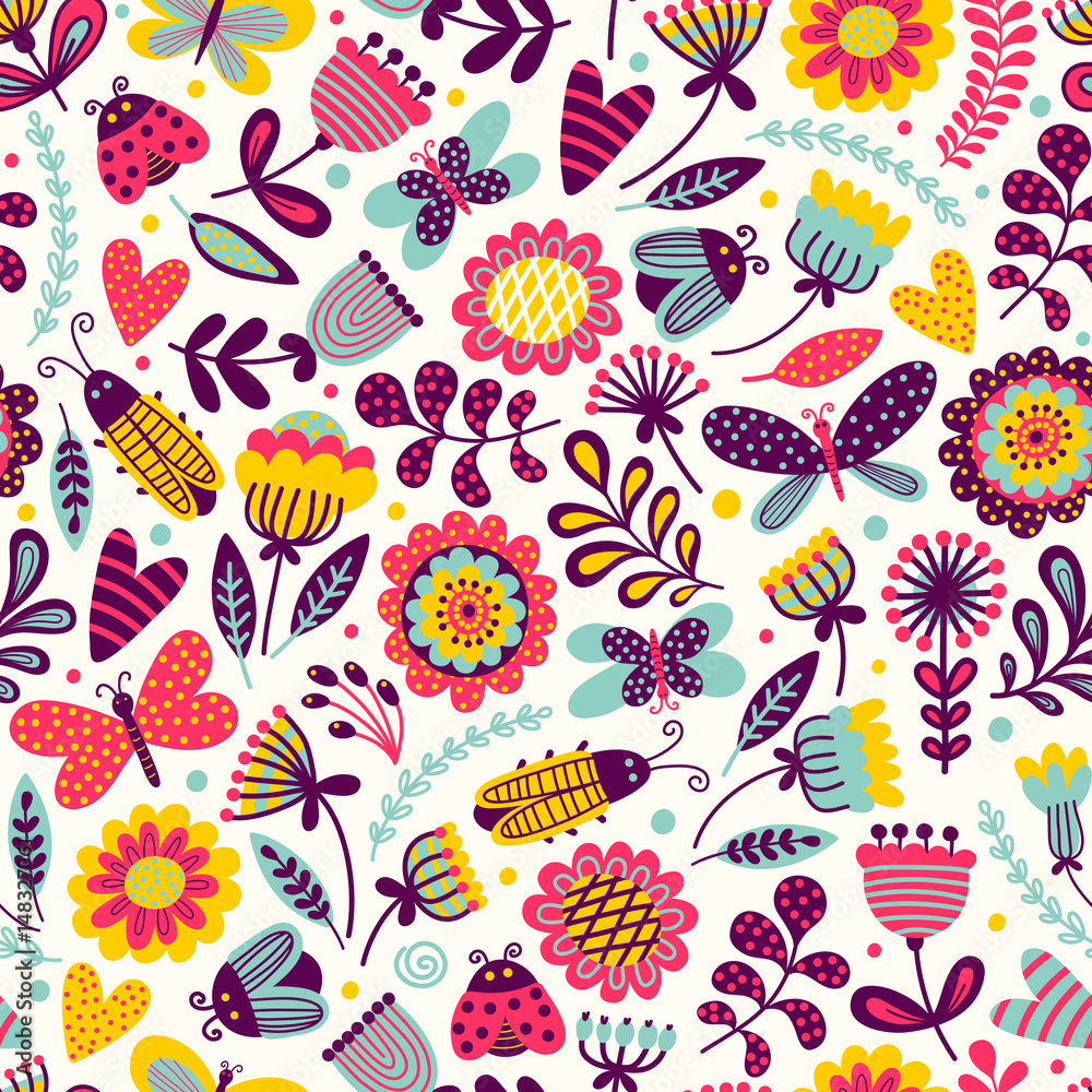Seamless pattern with butterflies, beetles and flowers. Freehand drawing