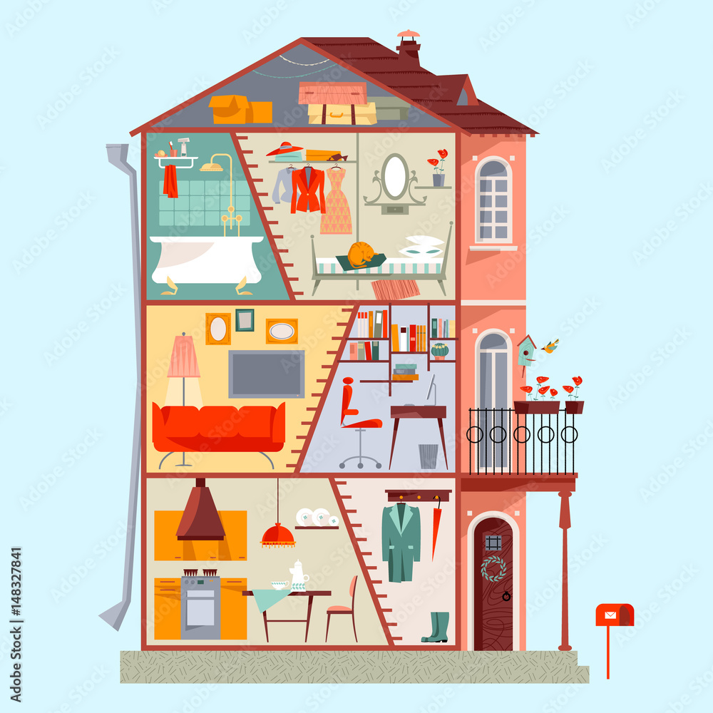 Fototapeta premium Cross section of a three-story house. Detailed interior design of rooms.
