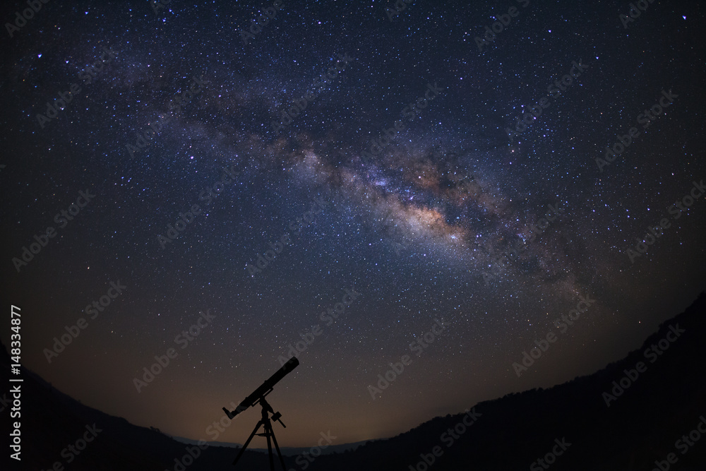 Telescopes with milky way galaxy, Night sky with stars, Long exposure photograph, with grain. - obrazy, fototapety, plakaty 