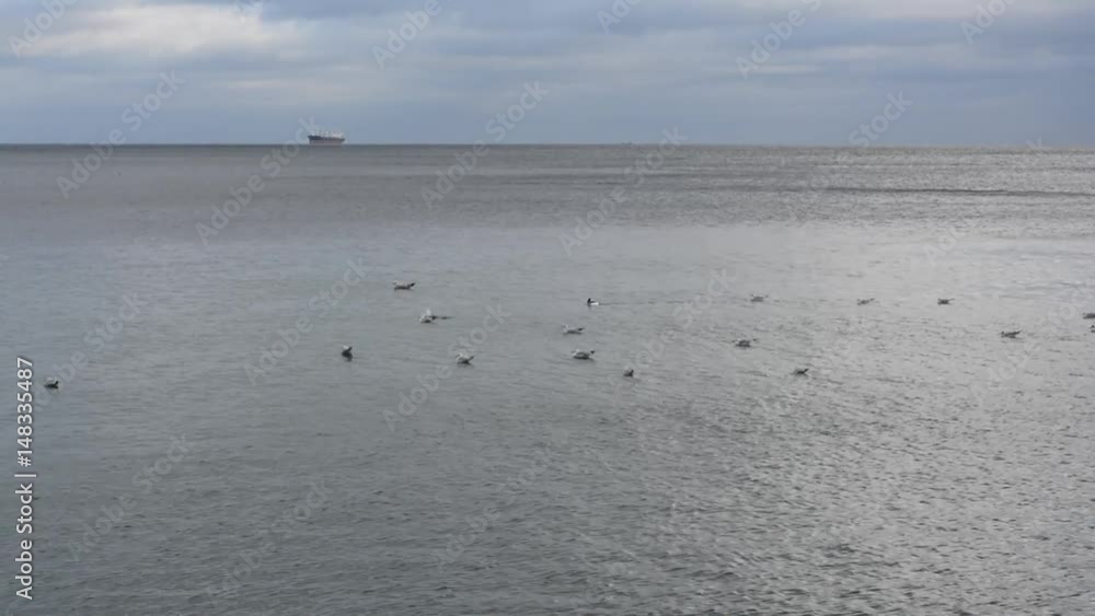 Sea horizon with anchored ship visible Sea horizon with anchored ship visible