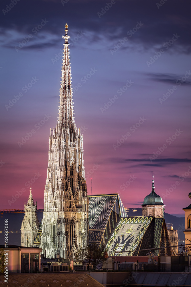 Naklejka premium Panoramę Wiednia nocą z katedrą św. Szczepana w Wiedniu, Austria