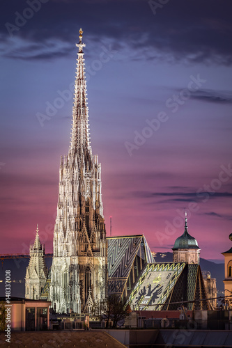 Vienna Skyline at night with St. Stephen's Cathedral, Vienna, Austria