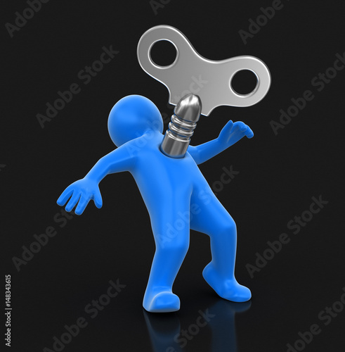 Man and winding key. Image with clipping path