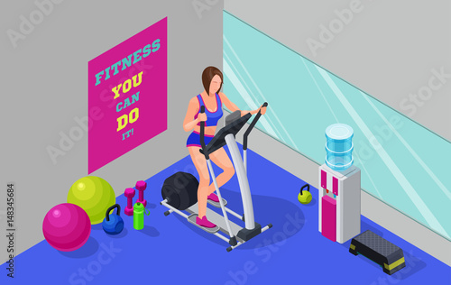 Fitness cardio workout isometric illustration with girl running elliptical machine, sport infographics template vector illustartion