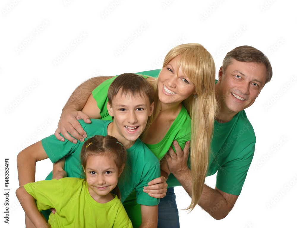 Happy family with young children on a white background Happy family with young children on a white background