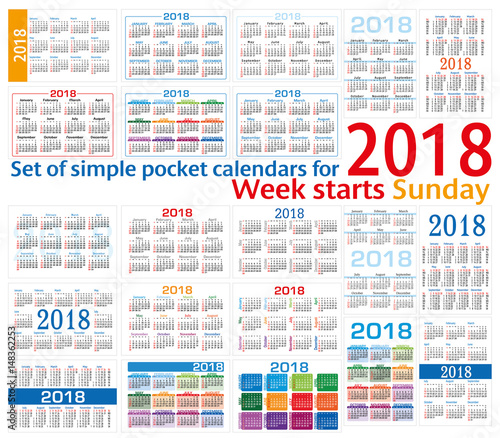 Set of simple pocket calendars for 2018 (Two thousand eighteen). Week starts Sunday