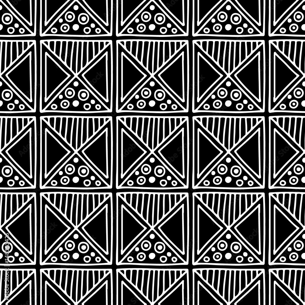 Seamless vector pattern. Black and white geometrical background with hand drawn decorative tribal elements. Print with ethnic, folk, traditional motifs. Graphic vector illustration. Seamless vector pattern. Black and white geometrical background with hand drawn decorative tribal elements. Print with ethnic, folk, traditional motifs. Graphic vector illustration.