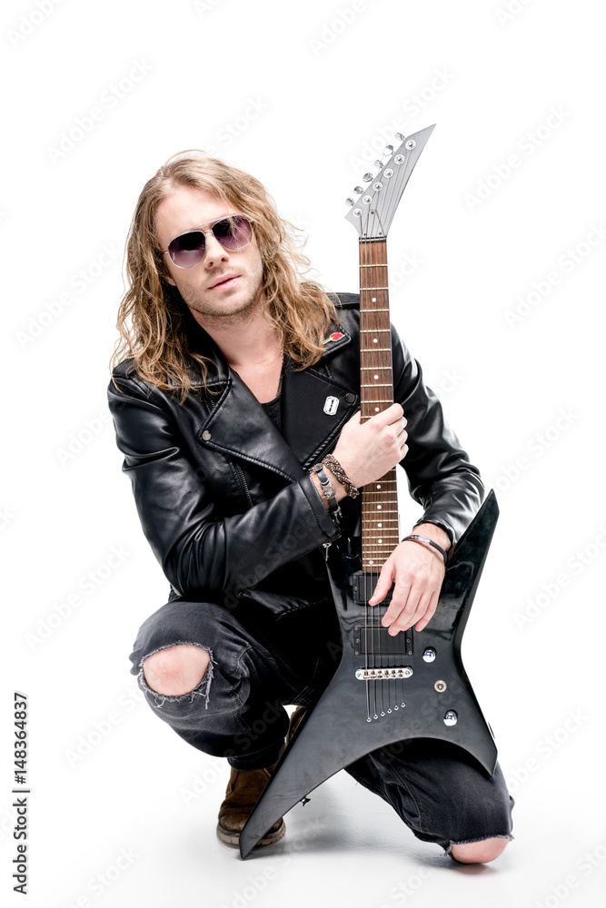 handsome rocker in sunglasses posing with electric guitar isolated on  white, electric guitar player concept Photos | Adobe Stock