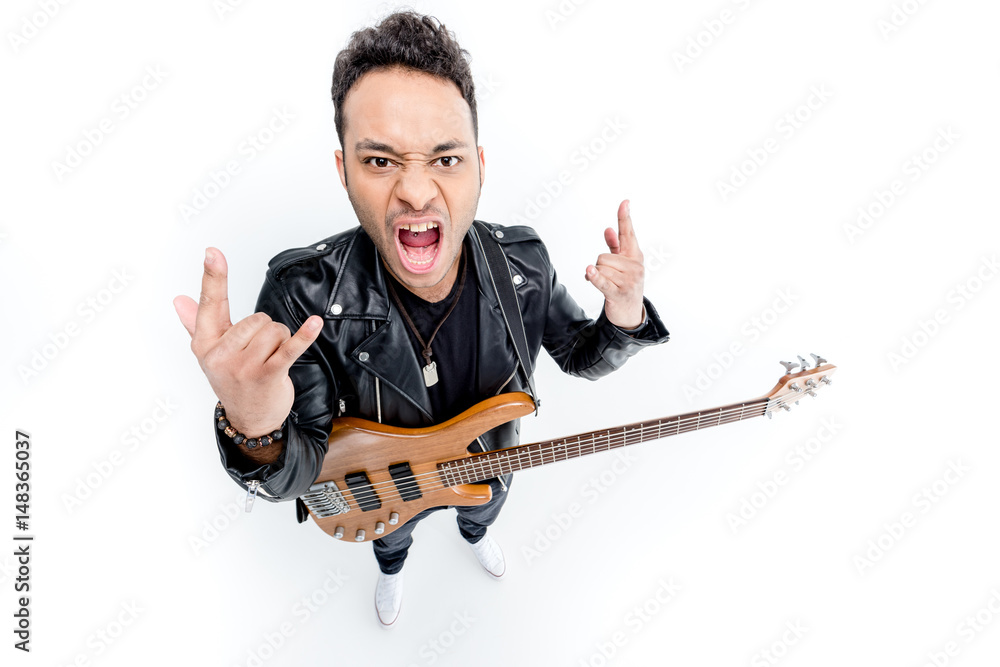 african american rocker with electric guitar showing rock signs isolated on white, rock star guitar concept african american rocker with electric guitar showing rock signs isolated on white, rock star guitar concept