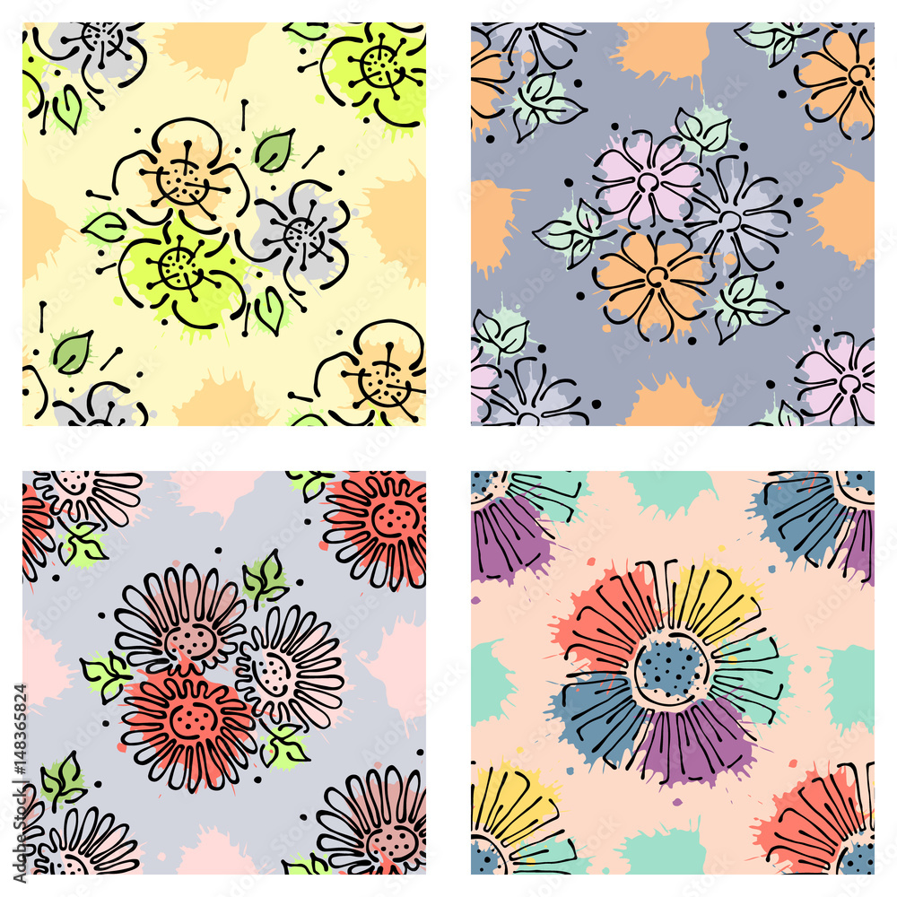 Set of seamless vector hand drawn floral patterns, endless backgrounds Print with flowers, leaves, splash, drops, spot. line drawing, graphic illustration. Print for wrapping, background, fabric