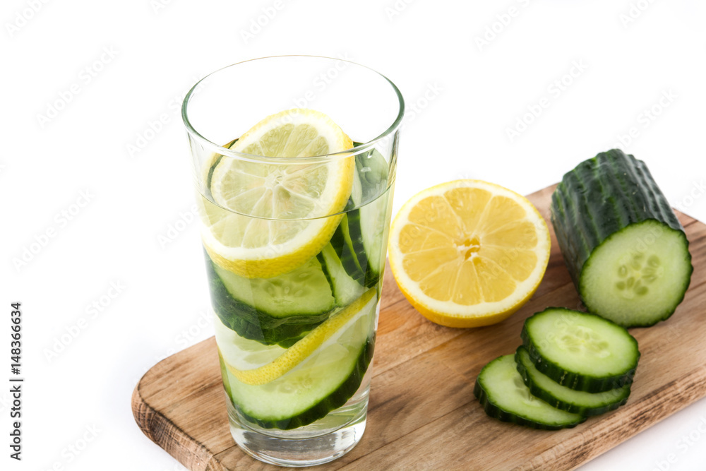 Detox water with cucumber and lemon isolated on white background
Detox water with cucumber and lemon isolated on white background