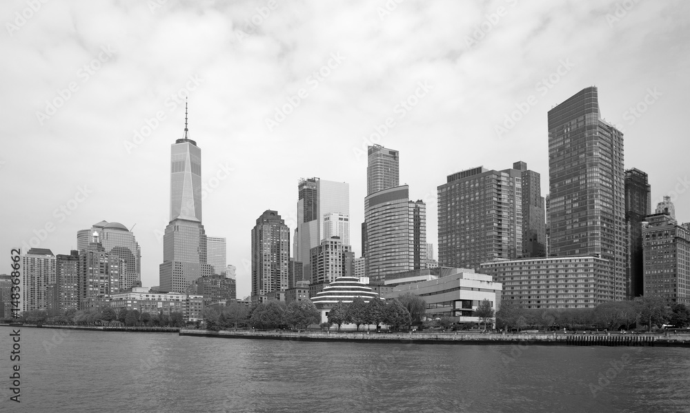 Black and white view of Manhattan taken from Hudson river, USA