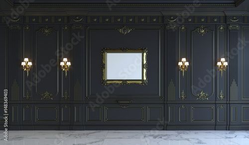 Black wall panels in classical style with gilding. 3d rendering