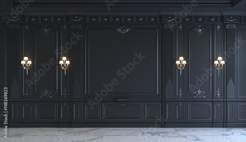 Black wall panels in classical style with silvering. 3d rendering
