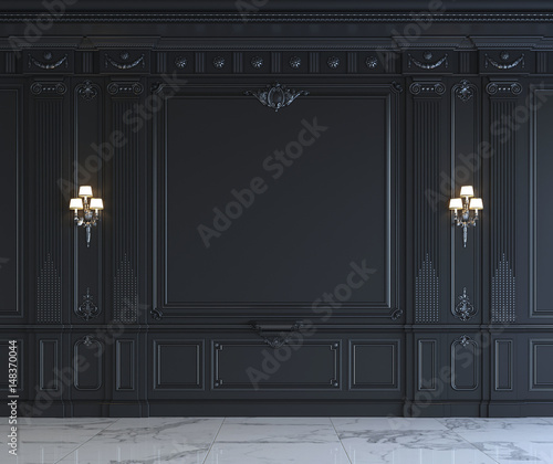 Black wall panels in classical style with silvering. 3d rendering