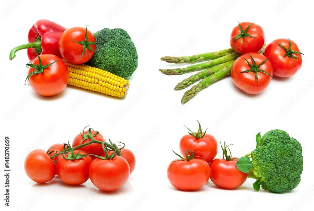 Ripe tomatoes and other vegetables on a white background Ripe tomatoes and other vegetables on a white background