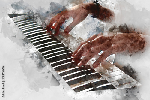 Abstract a woman playing keyboard on watercolor painting background.