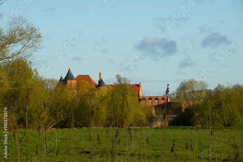 zamek z czerwonej cegły na tle zielonych drzew i niebieskiego nieba