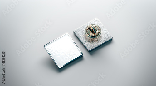Print op canvas Blank white lapel pin mockup, front and back side view, 3d rendering