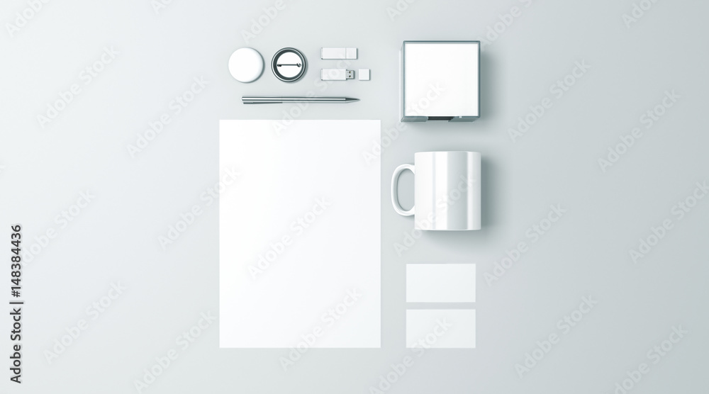 Blank white office stationery set mockup isolated, 3d rendering. Empty  corporate branding identity mock ups presentation. Clear space work  supplies template for logo design, top view elements. ilustración de Stock  | Adobe