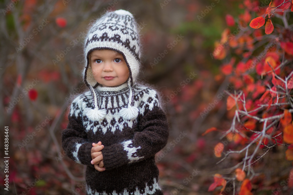 little boy in autumn park enjoying time little boy in autumn park enjoying time