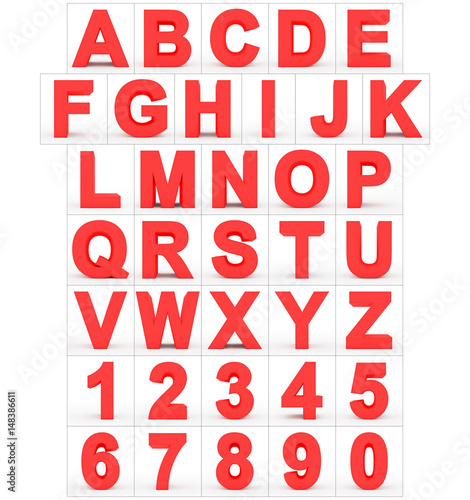 letters and numbers 3d red isolated on white