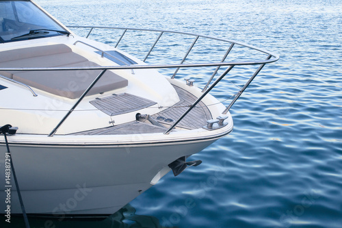White yacht in the blue sea - close-up detail