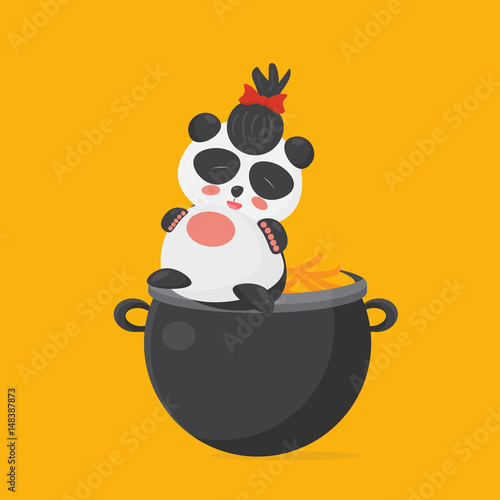 Fototapeta Naklejka Na Ścianę i Meble -  Cute Panda with a traditional samurai haircut called chonmage sitting on a pot full of gold coins.