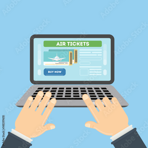 Flight ticket search. Hands typing on laptop for online booking. Buy now.