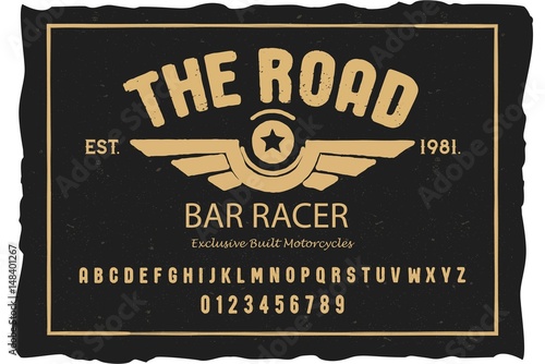 Font. Alphabet. Script. Typeface. Label. Authentic The Road typeface. For labels and different type designs