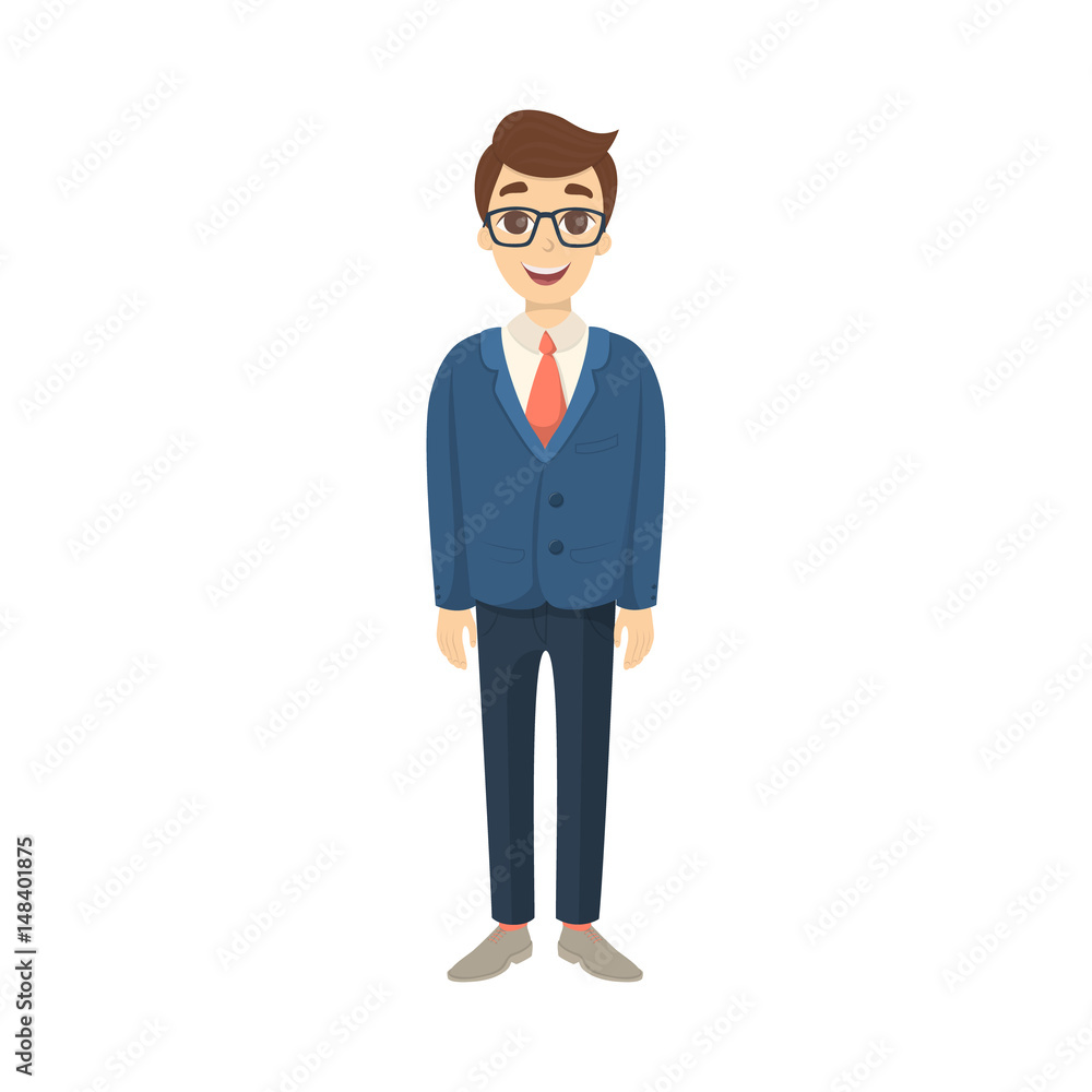 Isolated businessman standing on white background. Cute character in buisness suit.