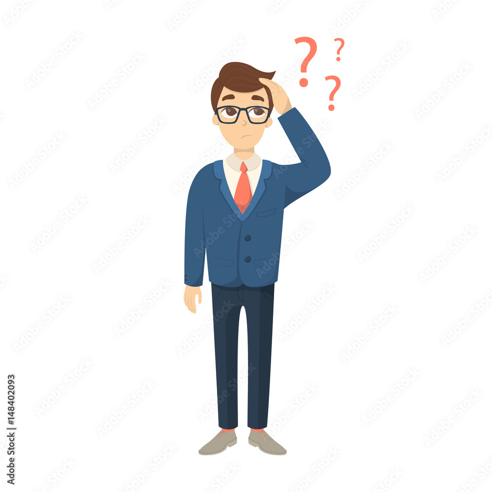 Isolated businessman confused on white backgrond. Red question marks. Isolated businessman confused on white backgrond. Red question marks.