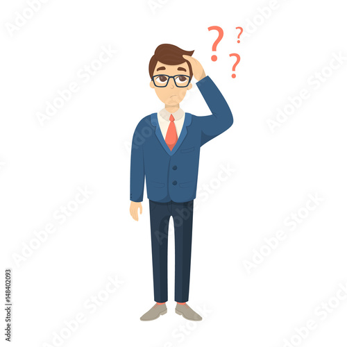 Isolated businessman confused on white backgrond. Red question marks.
