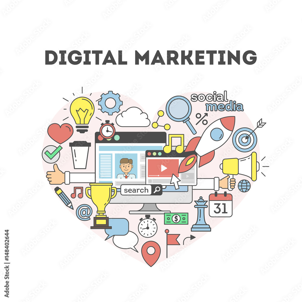 Digital marketing concept illustration on white background.