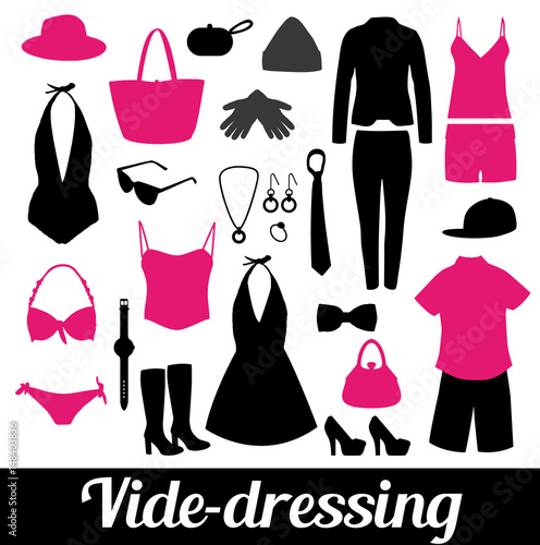Vide-dressing. Illustration avec silhouettes de vêtements noires et roses.