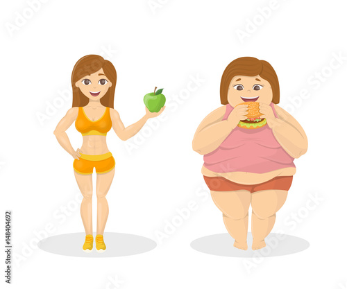 Skinny vs fat. Fit woman with apple and fat woman with fastfood.