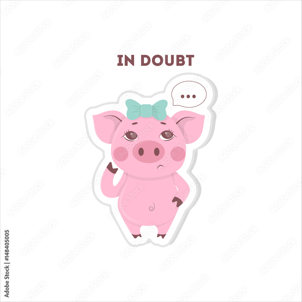 In doubt pig sticker. Isolated cartoon sticker. Funny pig with thoughts bubbles. In doubt pig sticker. Isolated cartoon sticker. Funny pig with thoughts bubbles.