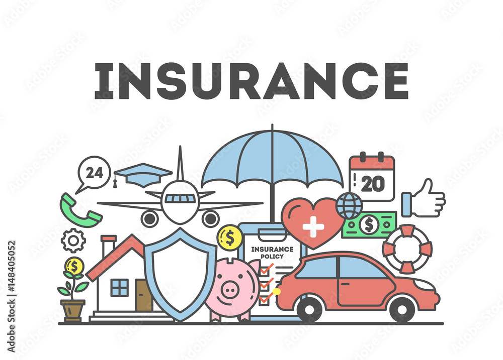 Insurance concept illustration. Signs and icons om white background.