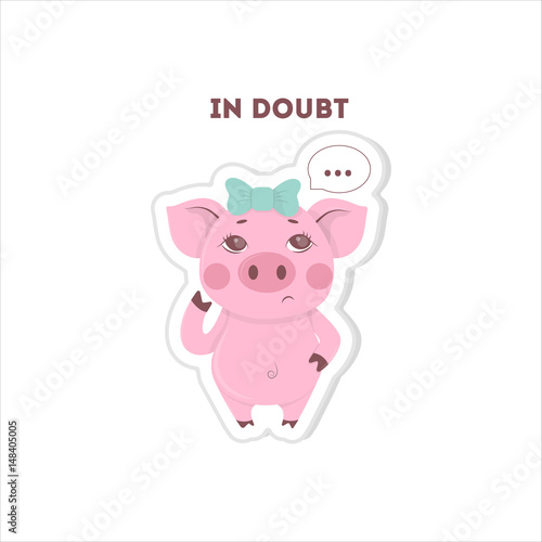 In doubt pig sticker. Isolated cartoon sticker. Funny pig with thoughts bubbles. photo